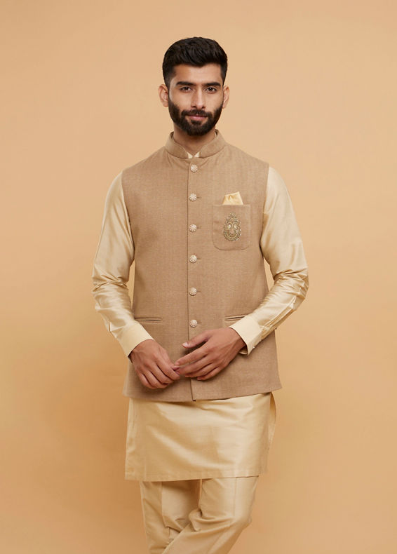 Twamev Men Sand Beige Self Striped Jacket Set with Medallion Motif