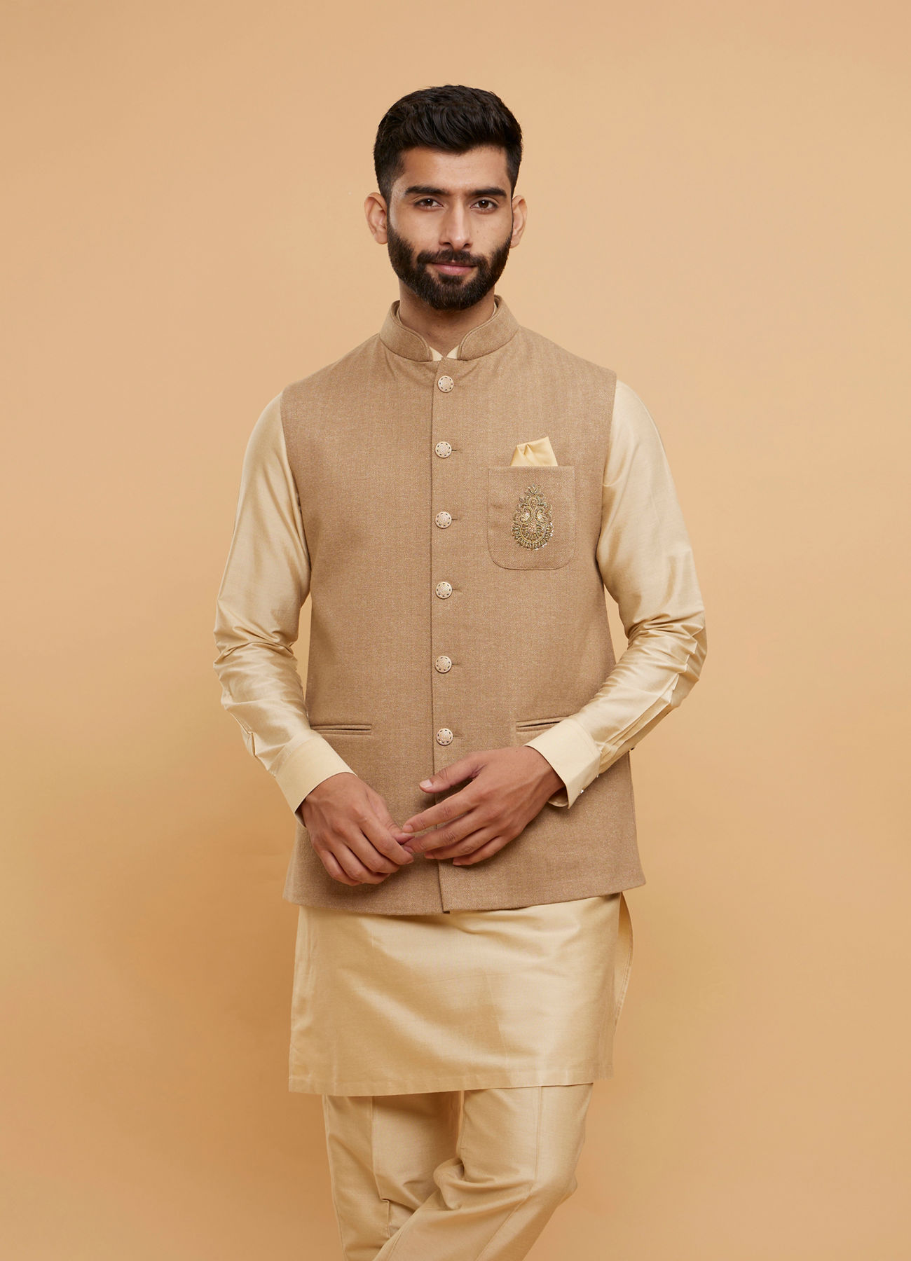 Twamev Men Sand Beige Self Striped Jacket Set with Medallion Motif