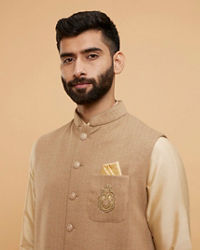 Twamev Men Sand Beige Self Striped Jacket Set with Medallion Motif