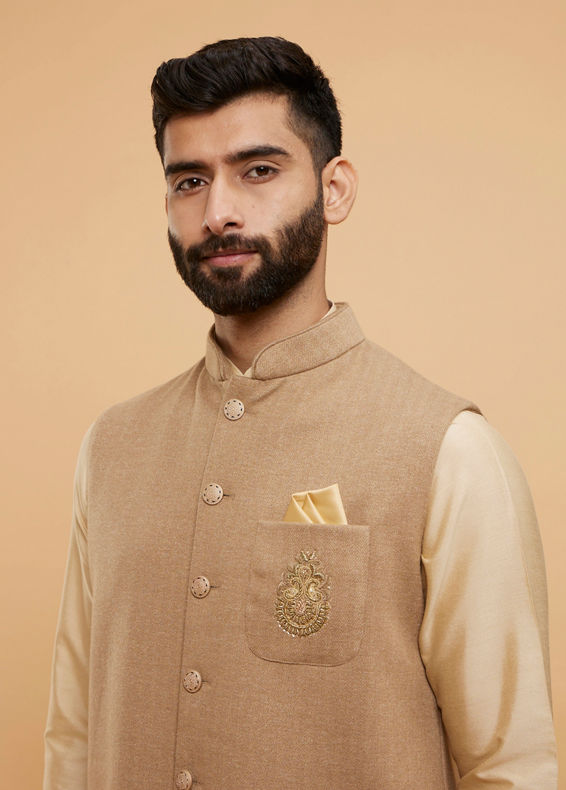 Twamev Men Sand Beige Self Striped Jacket Set with Medallion Motif