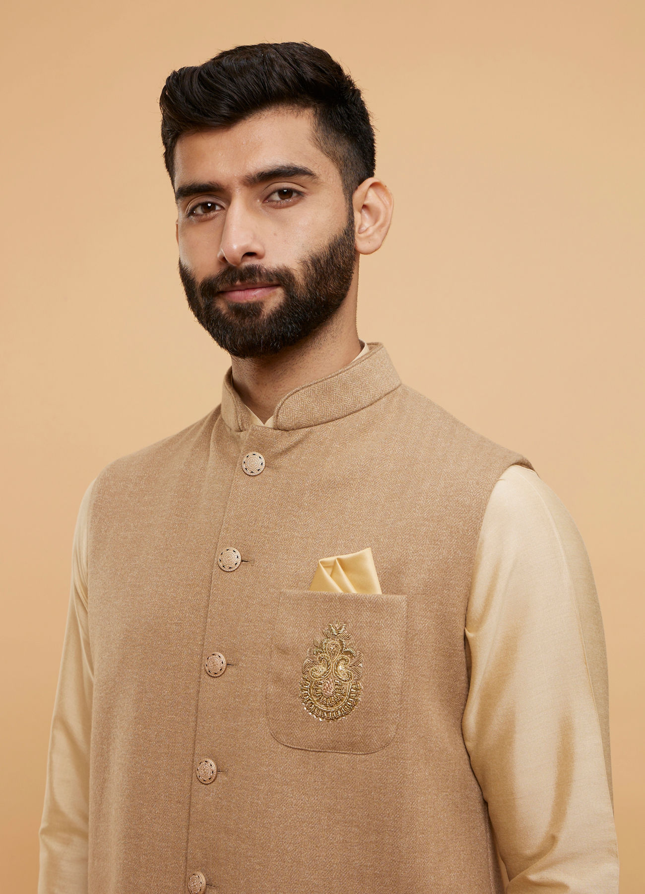 Twamev Men Sand Beige Self Striped Jacket Set with Medallion Motif