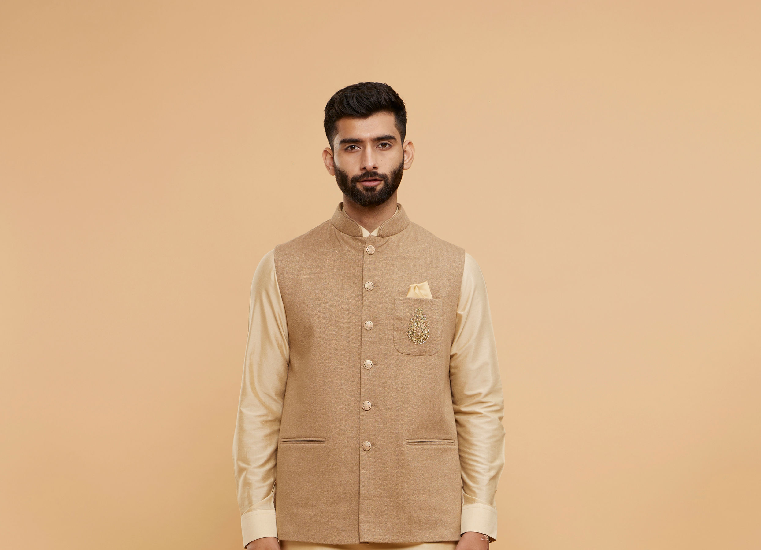 Twamev Men Sand Beige Self Striped Jacket Set with Medallion Motif