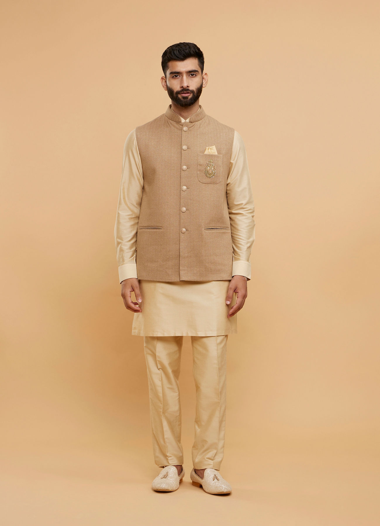 Twamev Men Sand Beige Self Striped Jacket Set with Medallion Motif