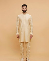Twamev Men Sand Beige Self Striped Jacket Set with Medallion Motif