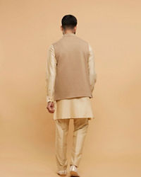 Twamev Men Sand Beige Self Striped Jacket Set with Medallion Motif
