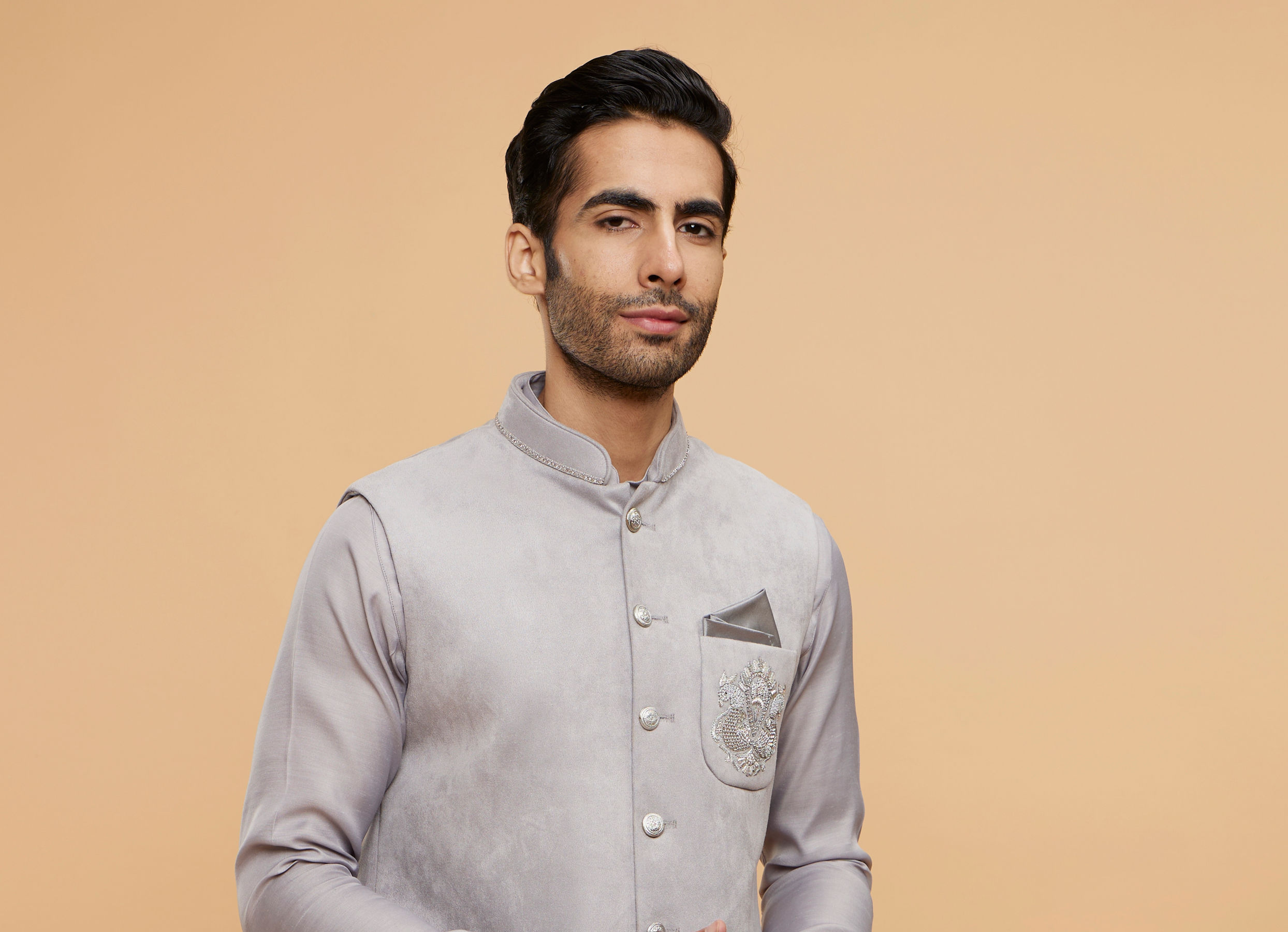 Twamev Men Smoke Grey Self Patterned Jacket Set with Medallion Motif