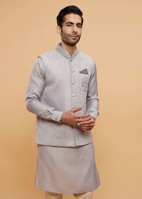 Twamev Men Smoke Grey Self Patterned Jacket Set with Medallion Motif