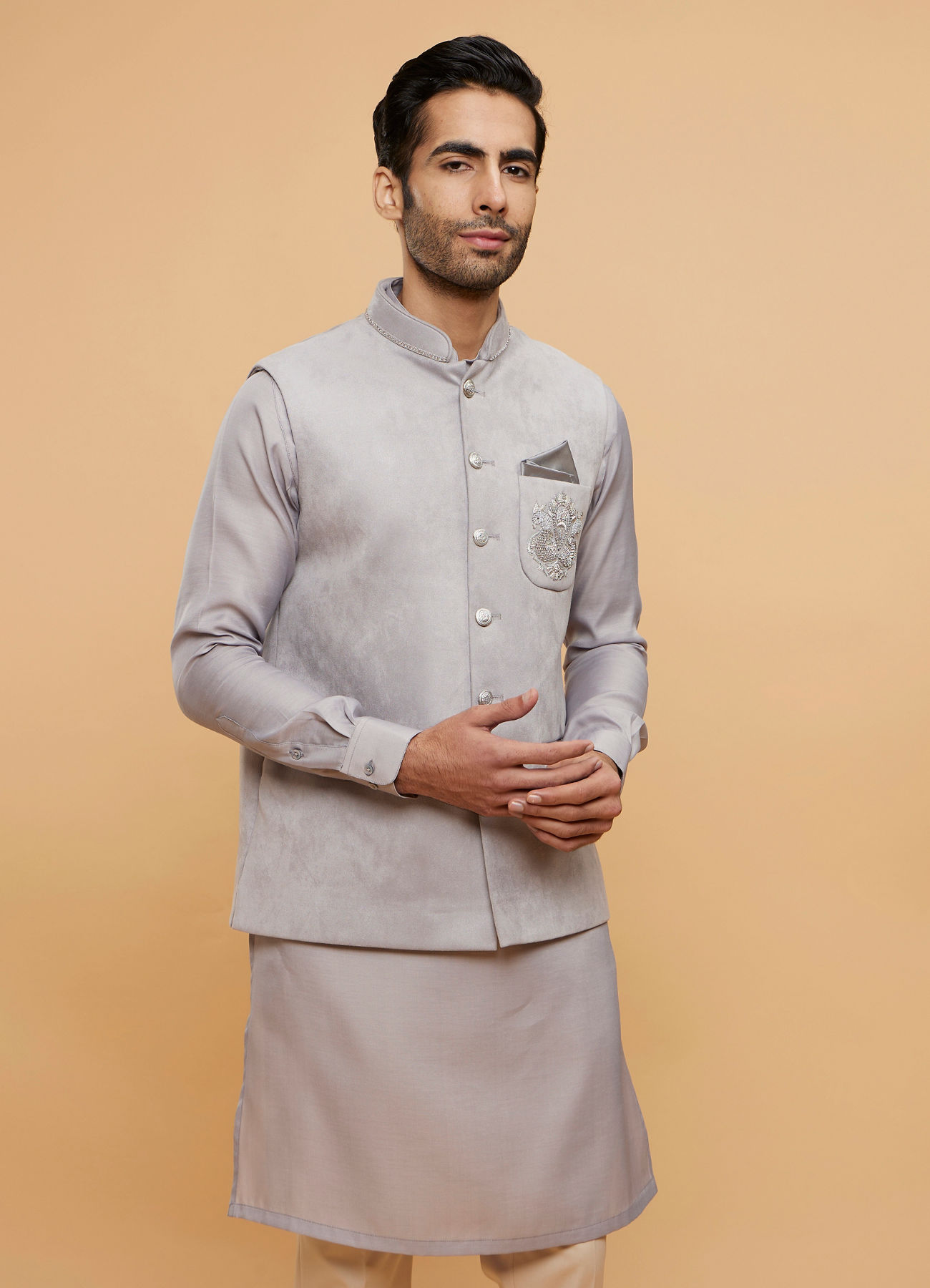 Twamev Men Smoke Grey Self Patterned Jacket Set with Medallion Motif