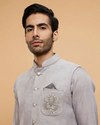 Twamev Men Smoke Grey Self Patterned Jacket Set with Medallion Motif