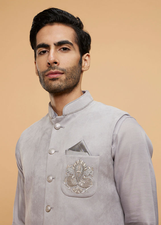Twamev Men Smoke Grey Self Patterned Jacket Set with Medallion Motif