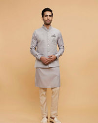 Twamev Men Smoke Grey Self Patterned Jacket Set with Medallion Motif