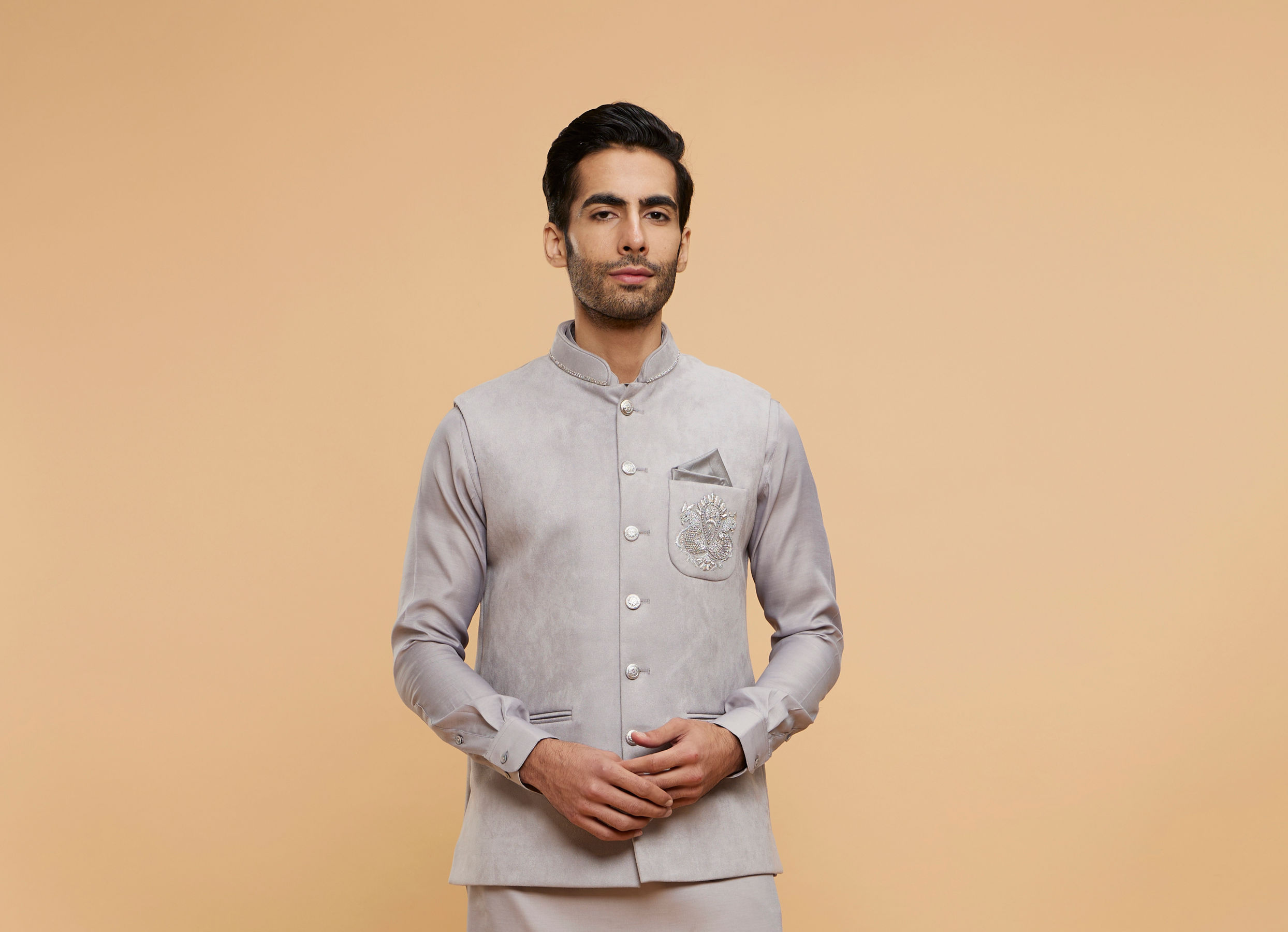 Twamev Men Smoke Grey Self Patterned Jacket Set with Medallion Motif