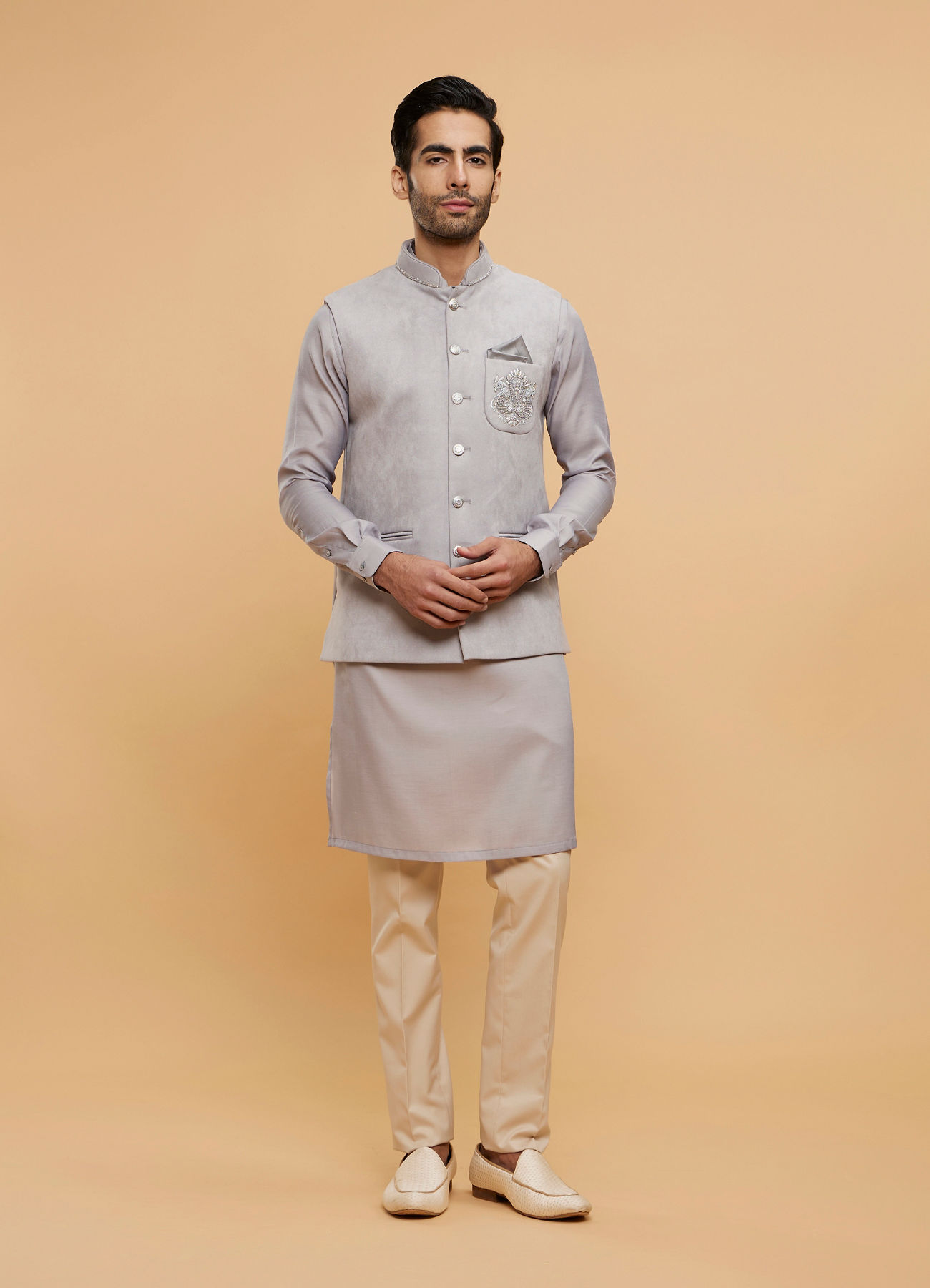 Twamev Men Smoke Grey Self Patterned Jacket Set with Medallion Motif