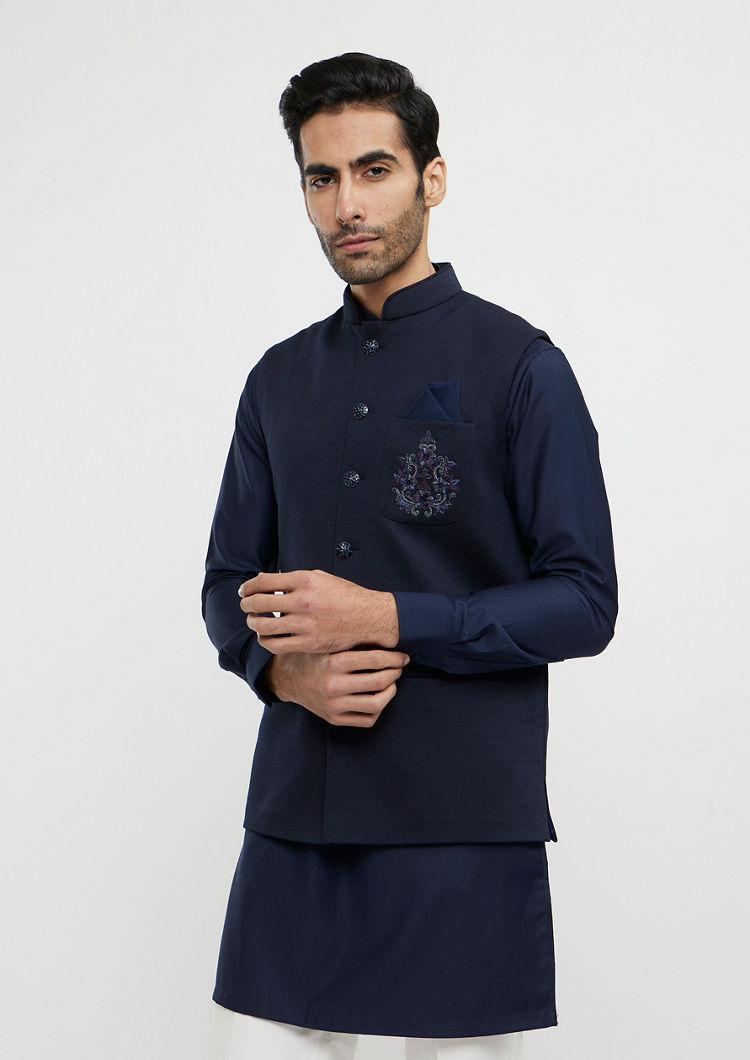 Twamev Men Navy Blue Plain Classic Jacket Set with Embroidered Medallion Motif