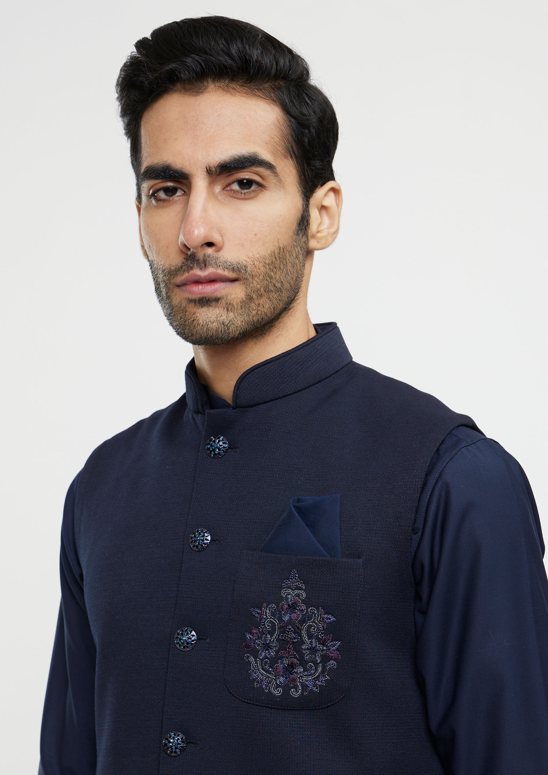 Twamev Men Navy Blue Plain Classic Jacket Set with Embroidered Medallion Motif