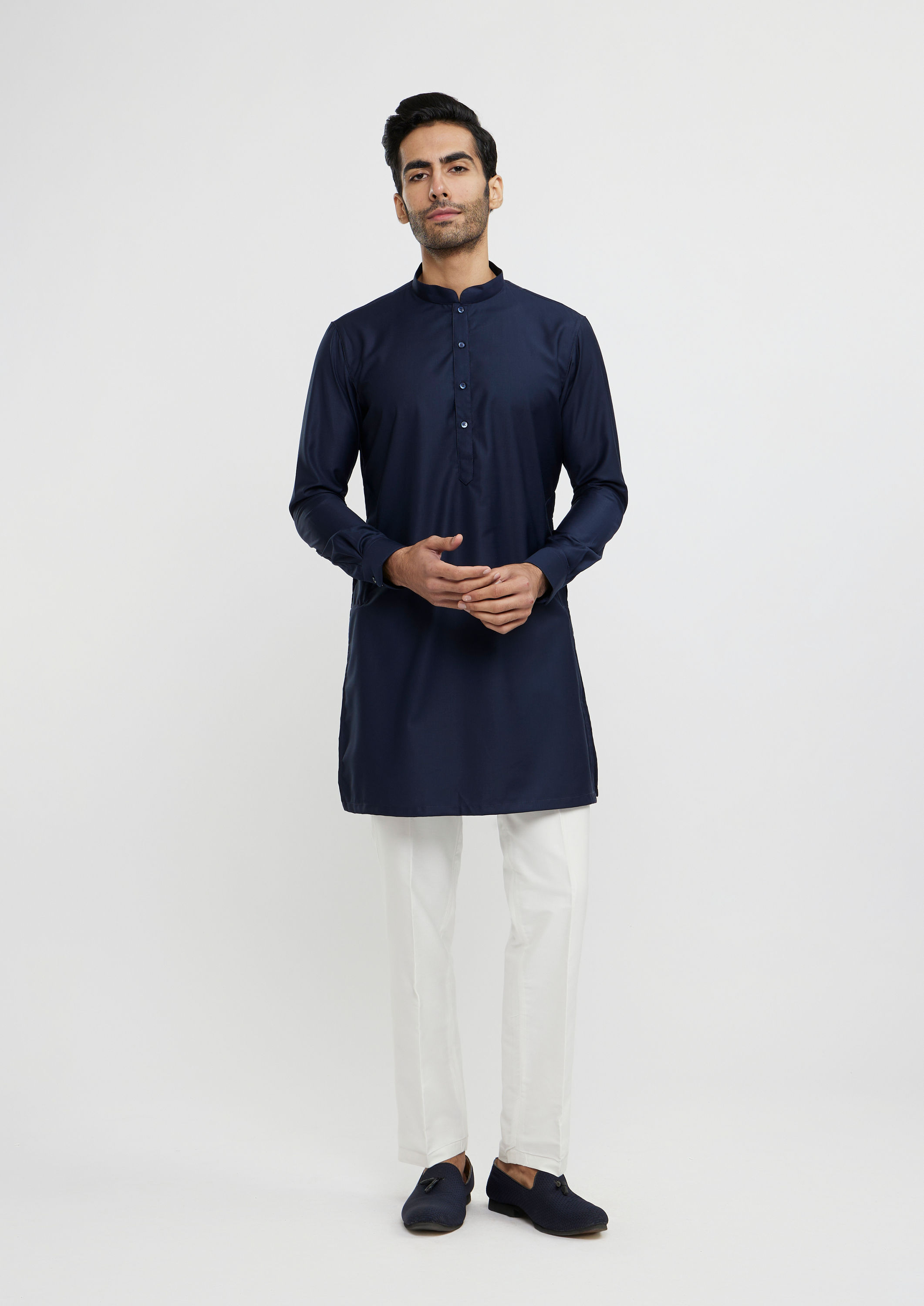 Twamev Men Navy Blue Plain Classic Jacket Set with Embroidered Medallion Motif