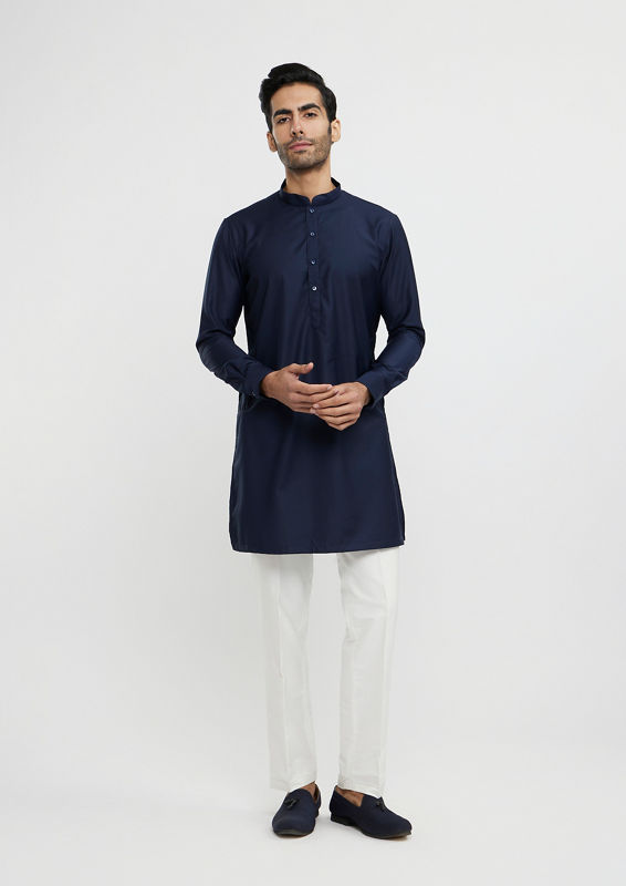 Twamev Men Navy Blue Plain Classic Jacket Set with Embroidered Medallion Motif