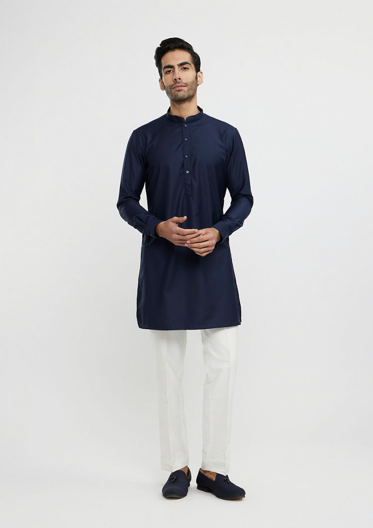 Twamev Men Navy Blue Plain Classic Jacket Set with Embroidered Medallion Motif