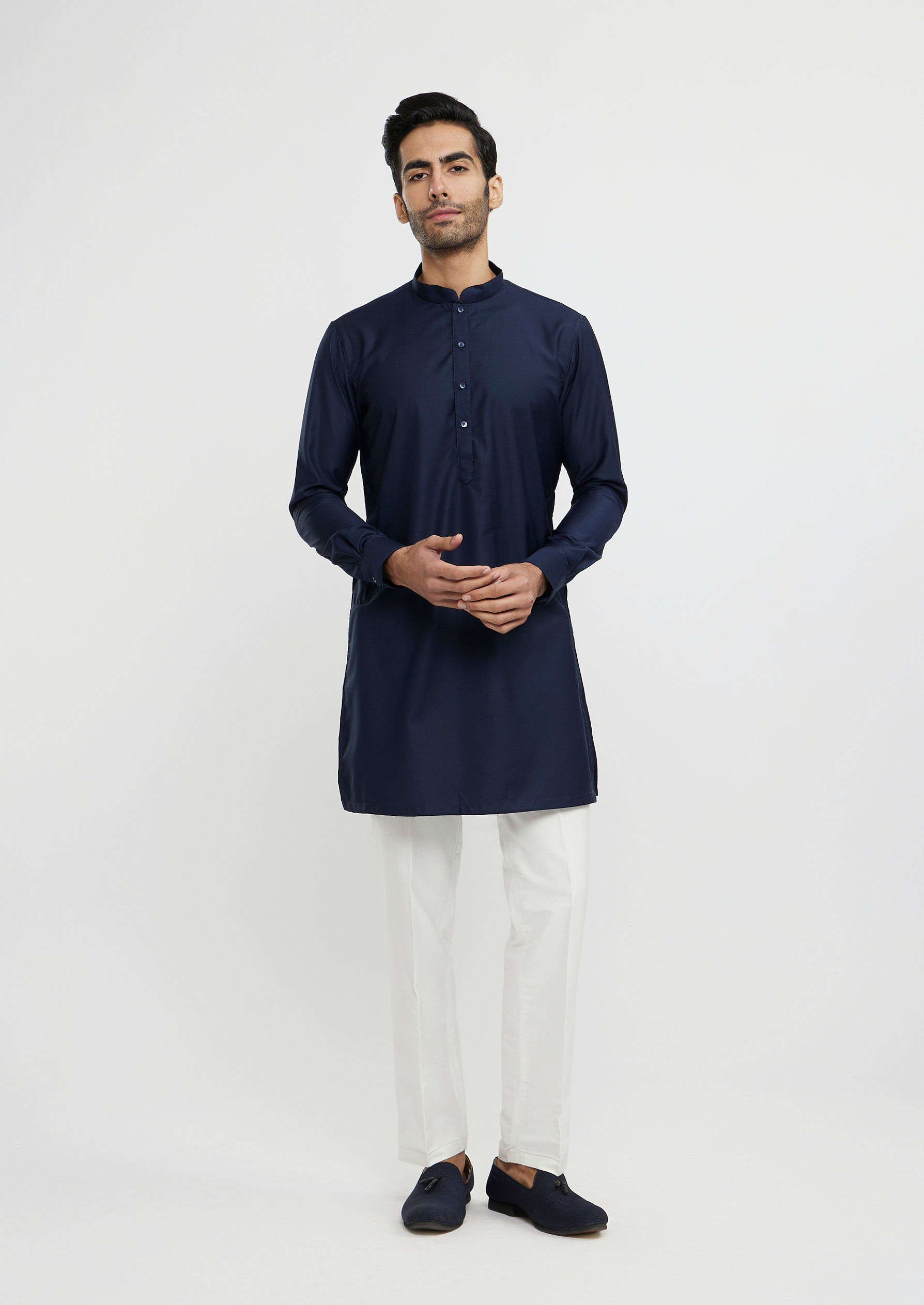 Twamev Men Navy Blue Plain Classic Jacket Set with Embroidered Medallion Motif