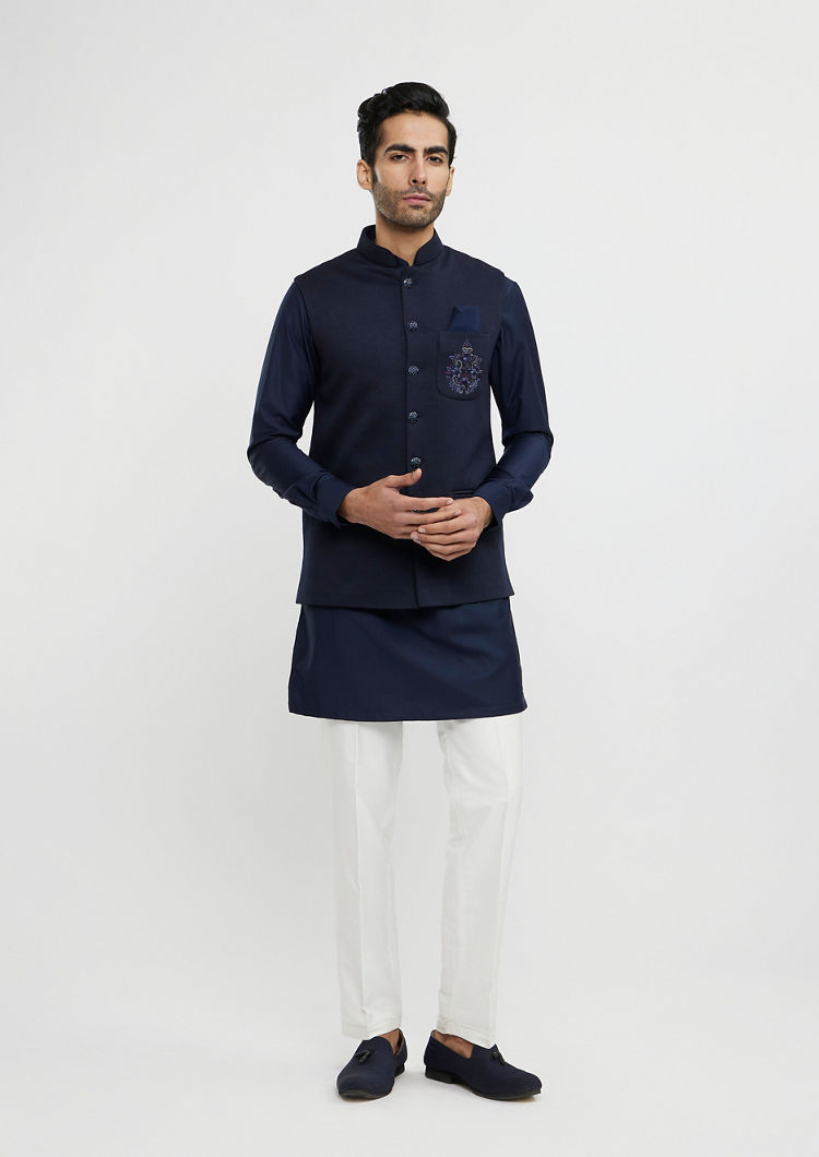 Twamev Men Navy Blue Plain Classic Jacket Set with Embroidered Medallion Motif