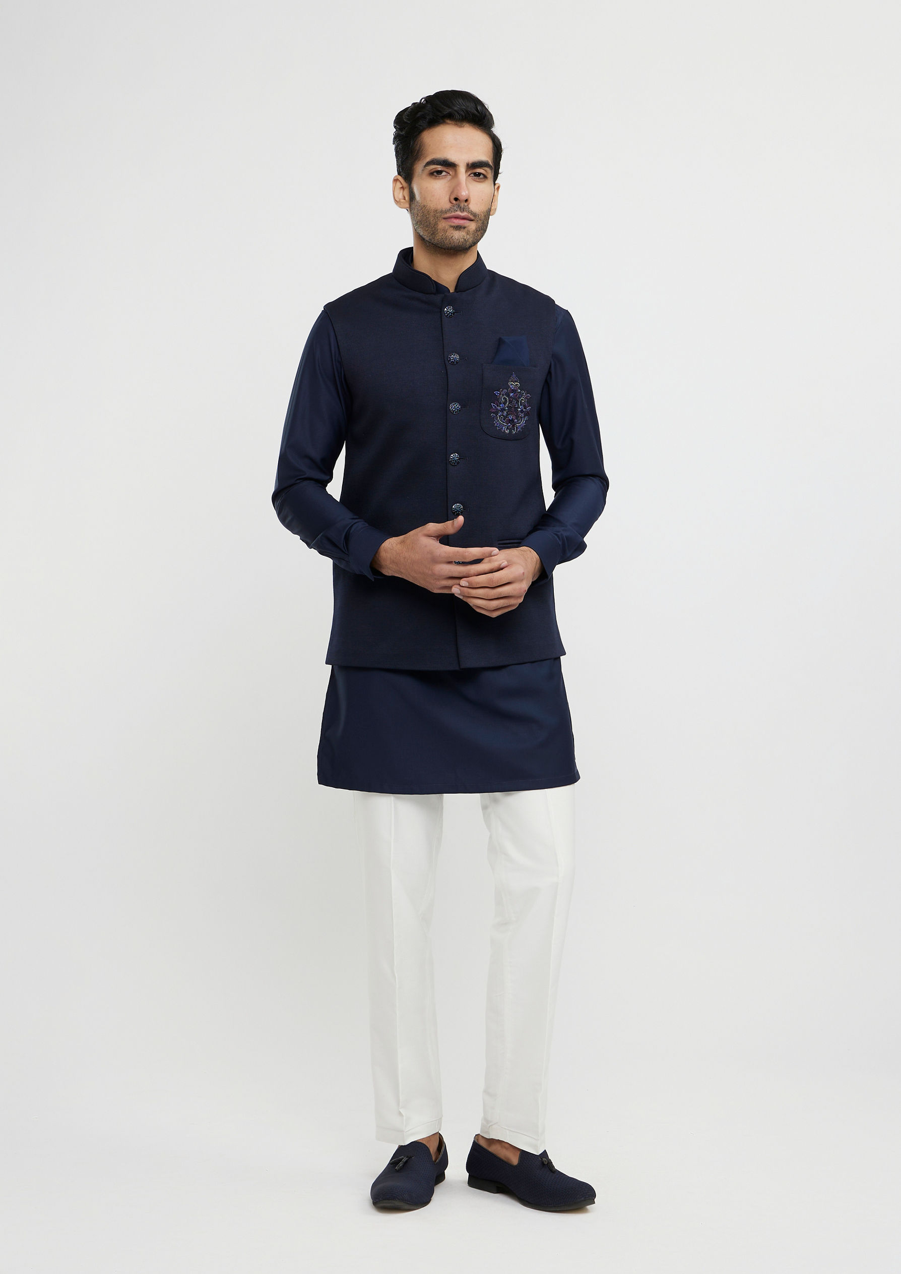 Twamev Men Navy Blue Plain Classic Jacket Set with Embroidered Medallion Motif