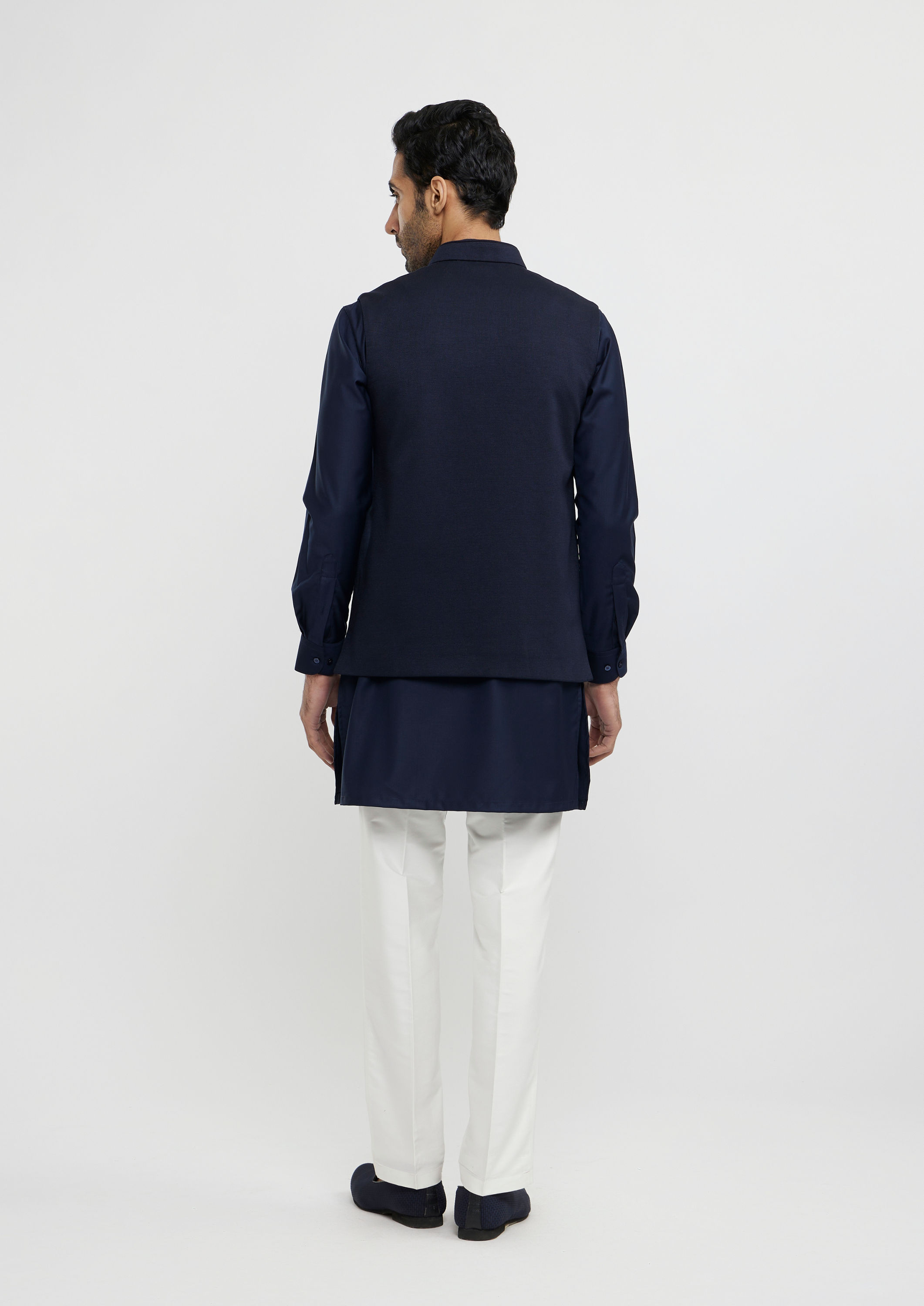 Twamev Men Navy Blue Plain Classic Jacket Set with Embroidered Medallion Motif