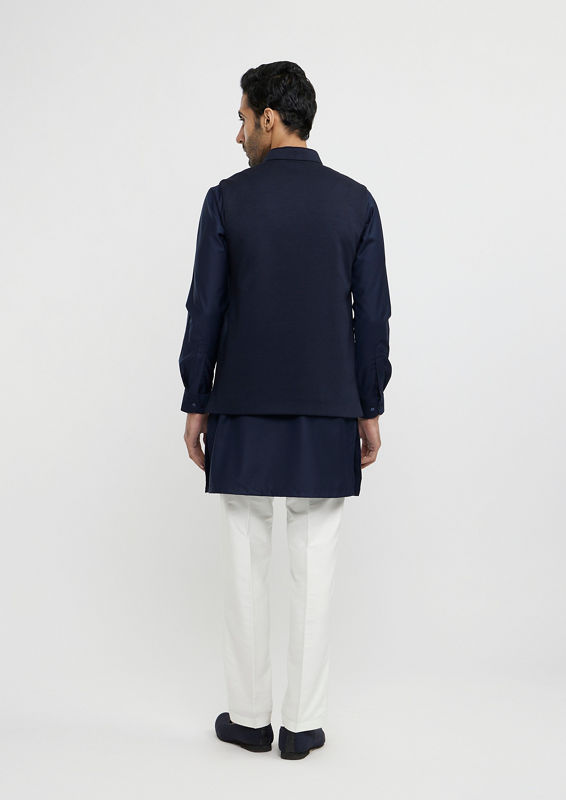 Twamev Men Navy Blue Plain Classic Jacket Set with Embroidered Medallion Motif