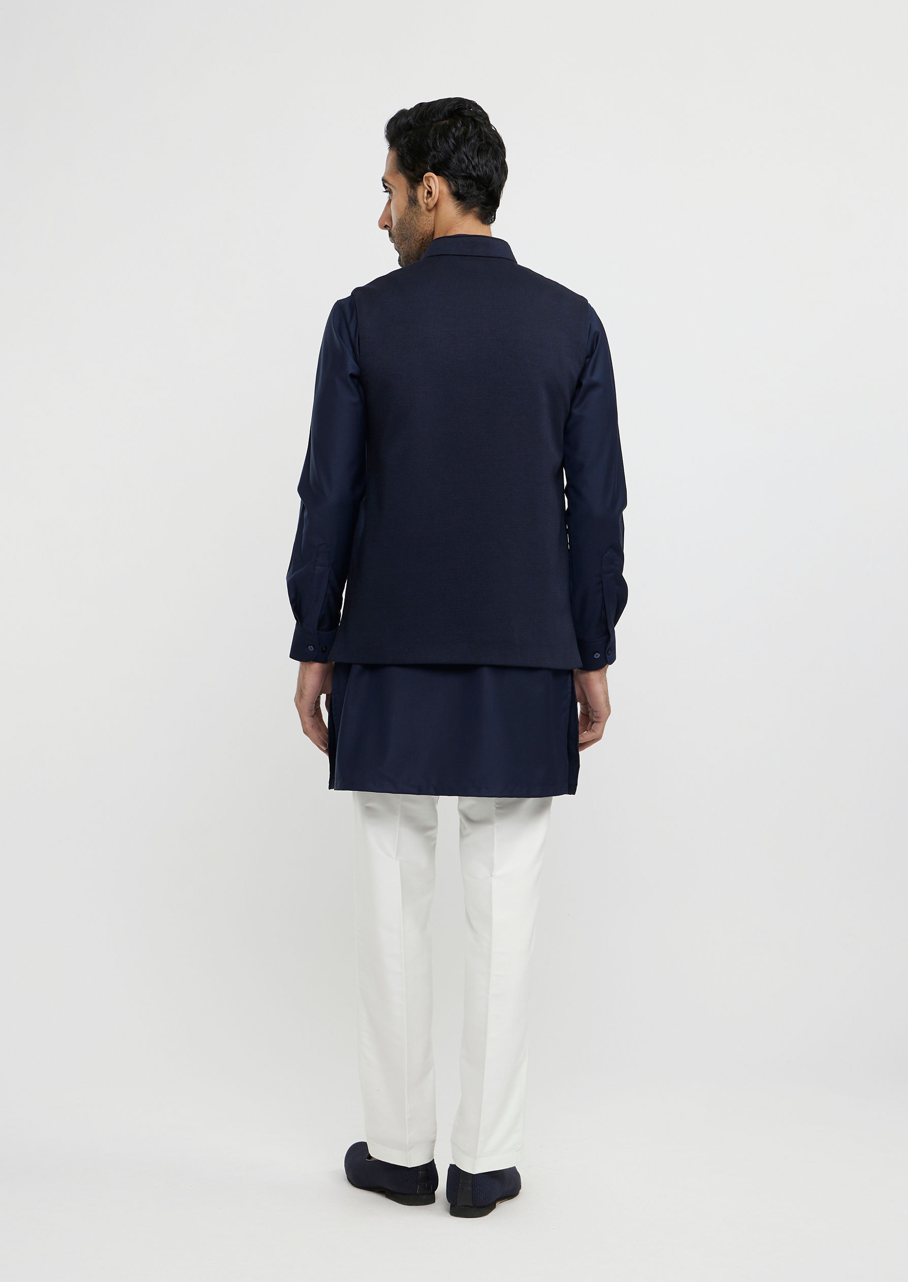 Twamev Men Navy Blue Plain Classic Jacket Set with Embroidered Medallion Motif