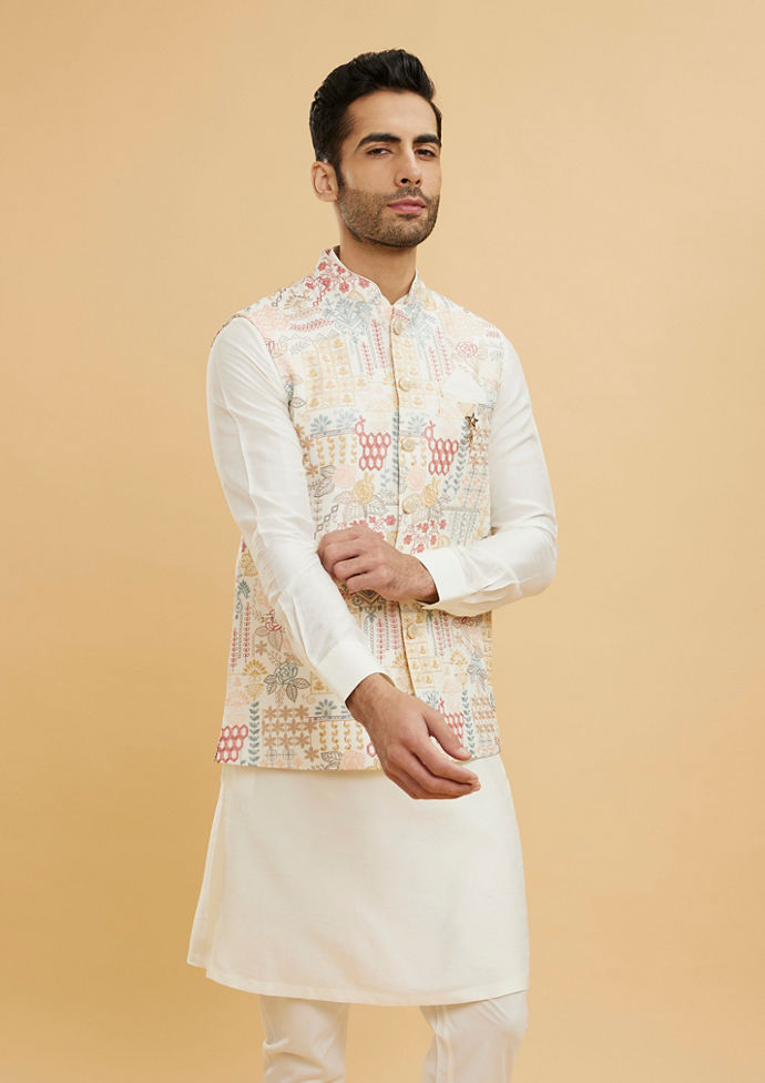 Twamev Men Cream White Jacket Set with a Medley of Geometrical And Floral Motifs