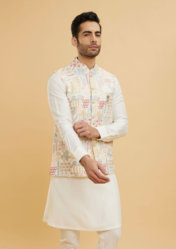 Twamev Men Cream White Jacket Set with a Medley of Geometrical And Floral Motifs