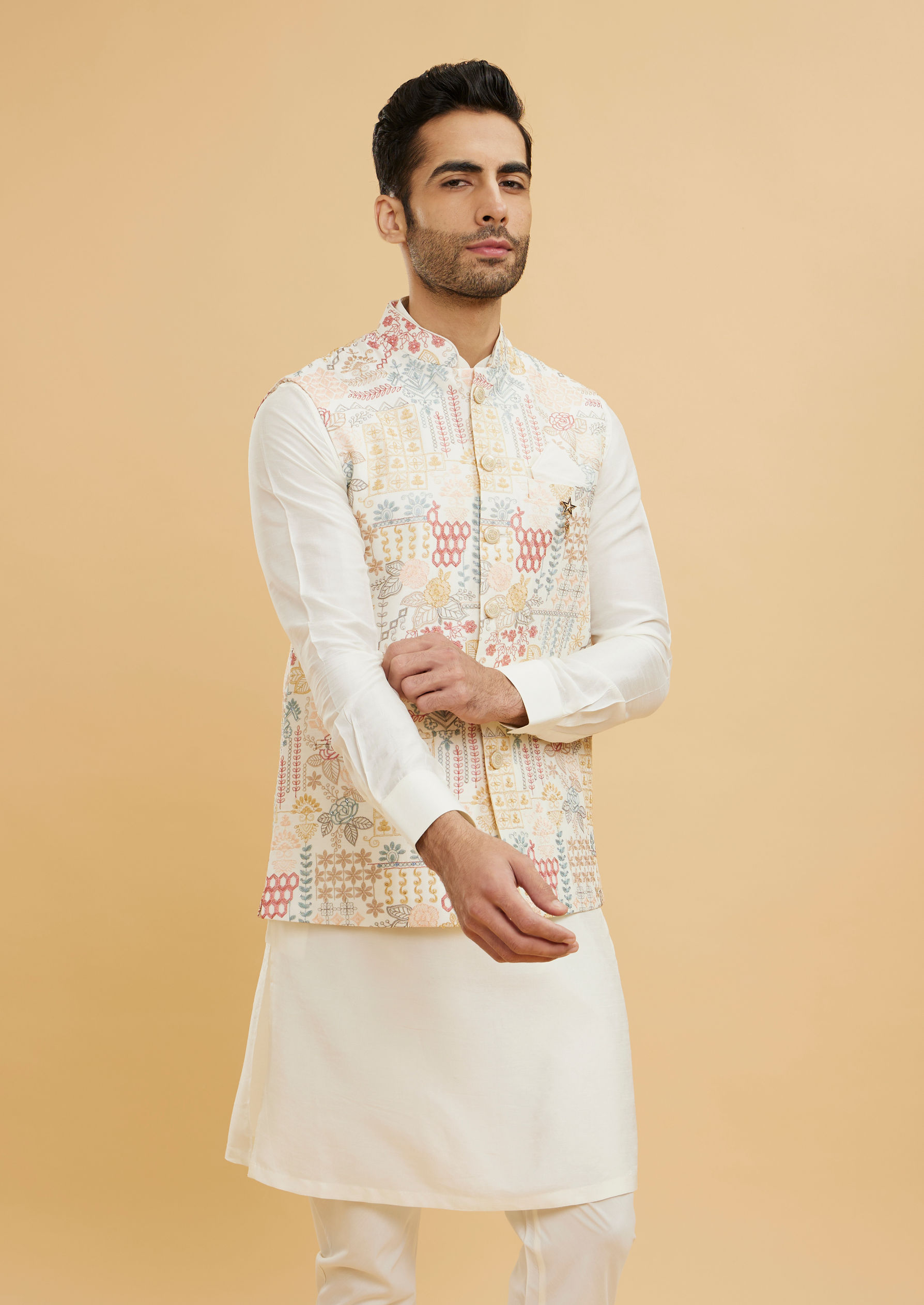 Twamev Men Cream White Jacket Set with a Medley of Geometrical and Floral Motifs image number 0