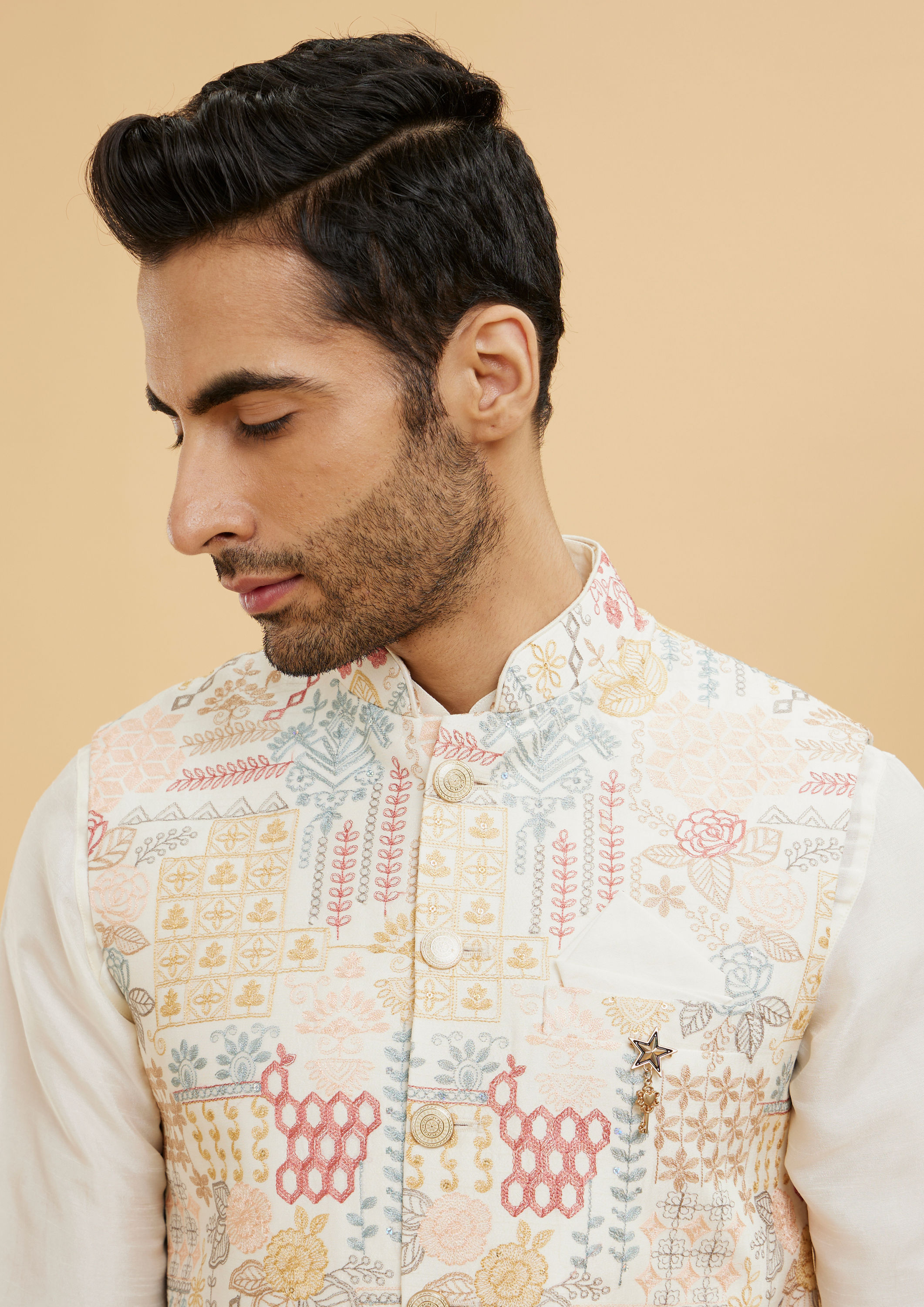 Twamev Men Cream White Jacket Set with a Medley of Geometrical and Floral Motifs image number 1