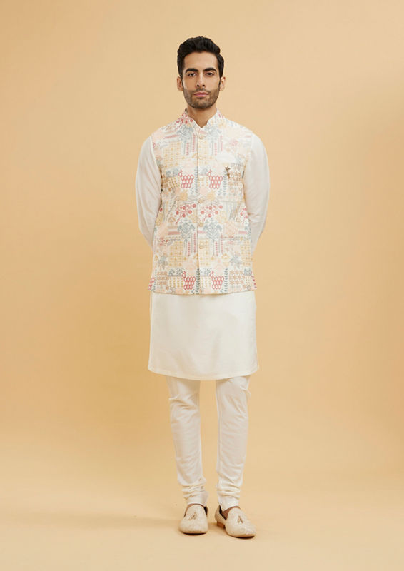 Twamev Men Cream White Jacket Set with a Medley of Geometrical and Floral Motifs image number 2