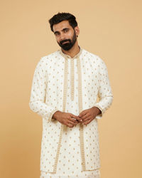 Twamev Men Cream White Floral Buta Patterned Jacket Set with Sequin Work