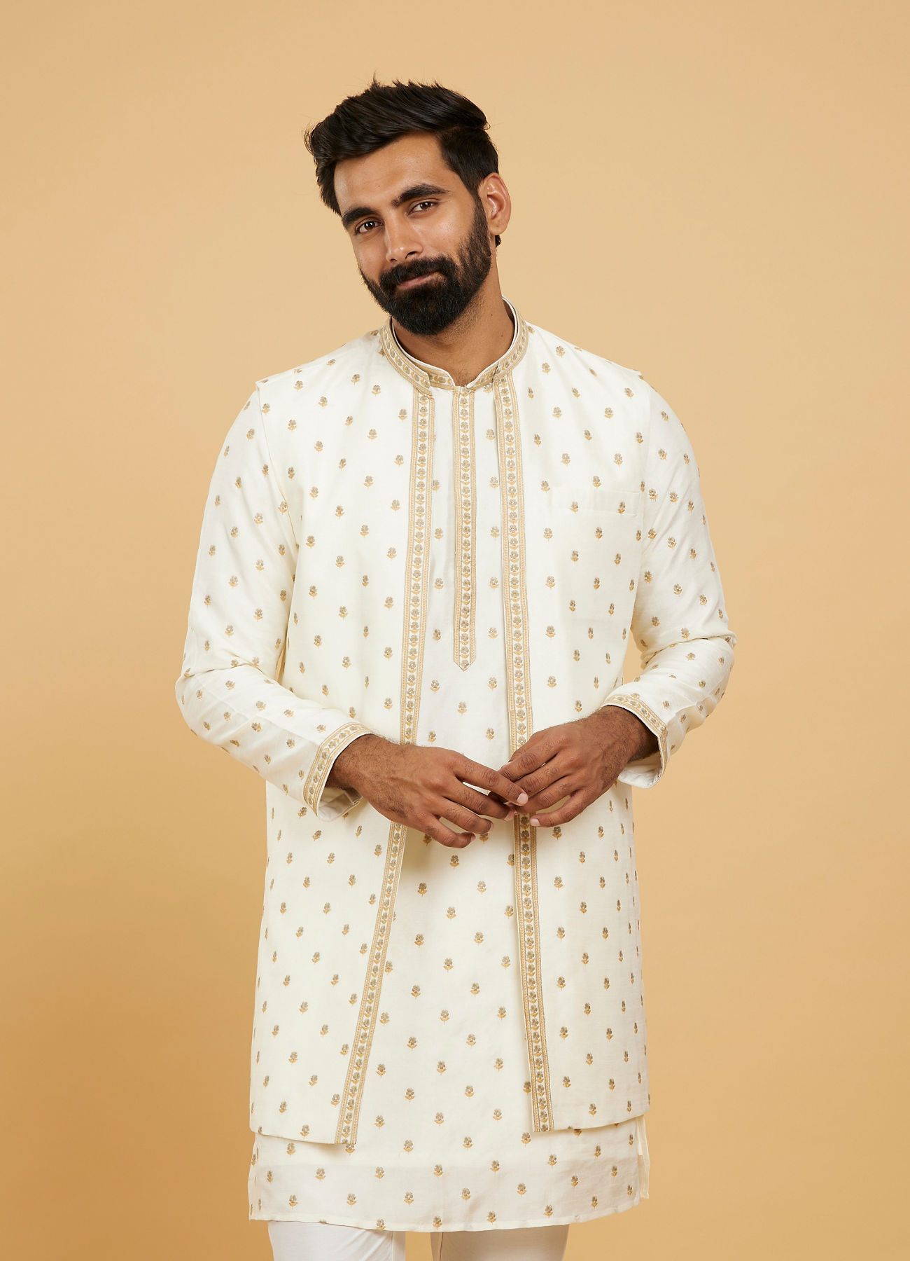 Twamev Men Cream White Floral Buta Patterned Jacket Set with Sequin Work