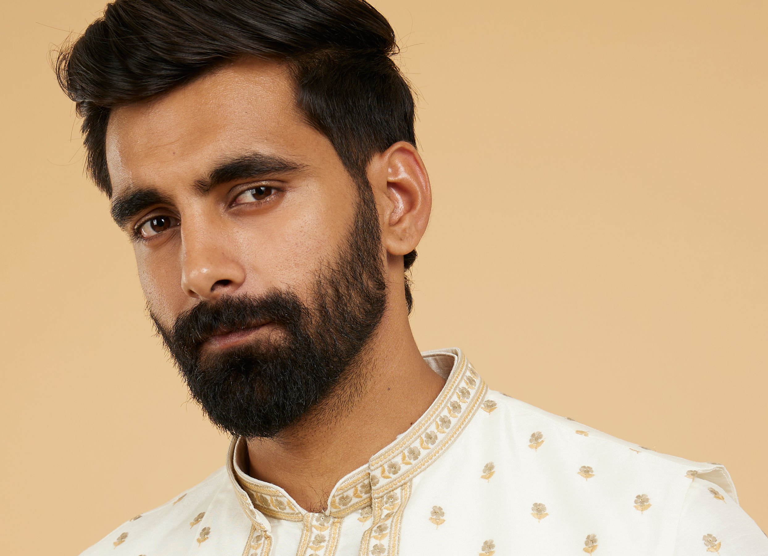 Twamev Men Cream White Floral Buta Patterned Jacket Set with Sequin Work