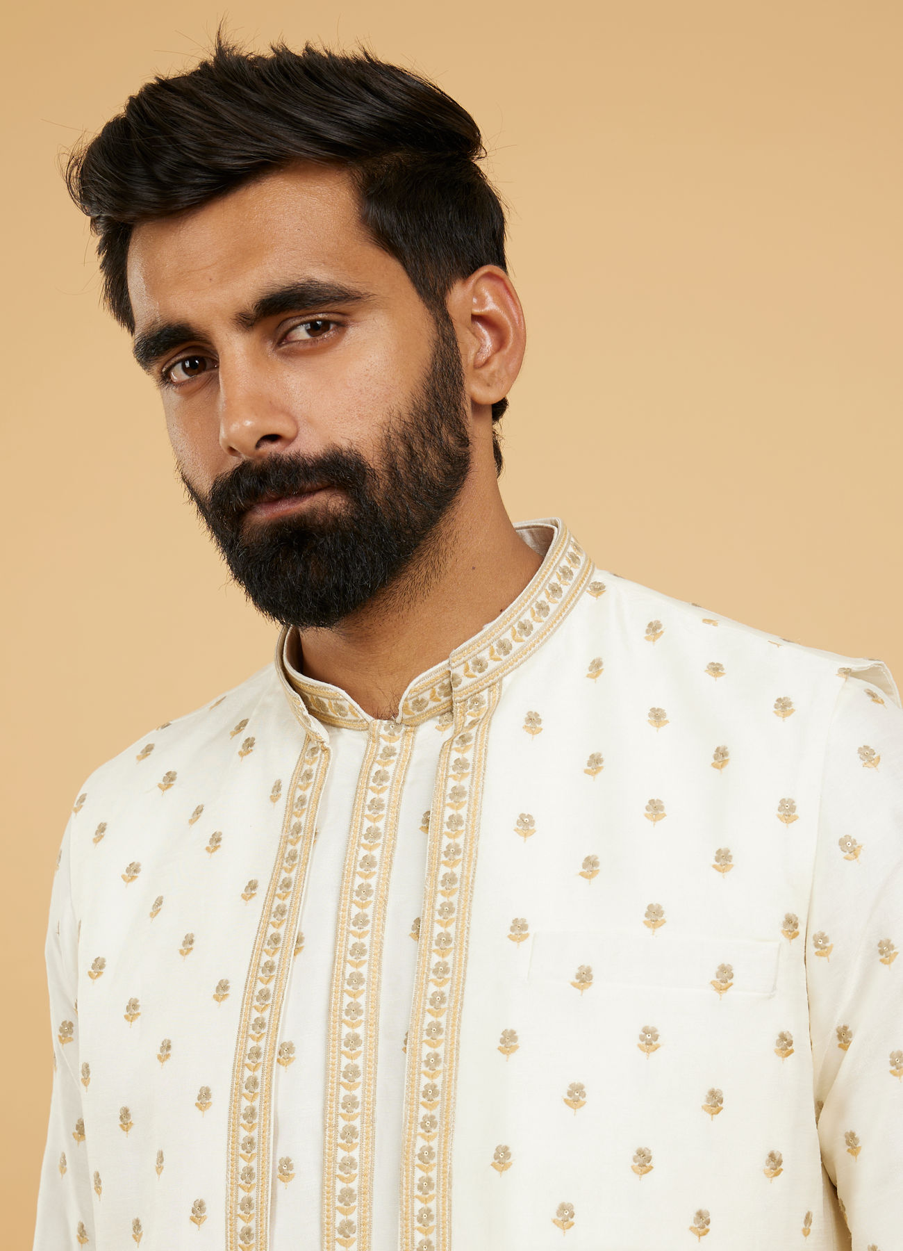 Twamev Men Cream White Floral Buta Patterned Jacket Set with Sequin Work