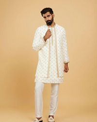 Twamev Men Cream White Floral Buta Patterned Jacket Set with Sequin Work