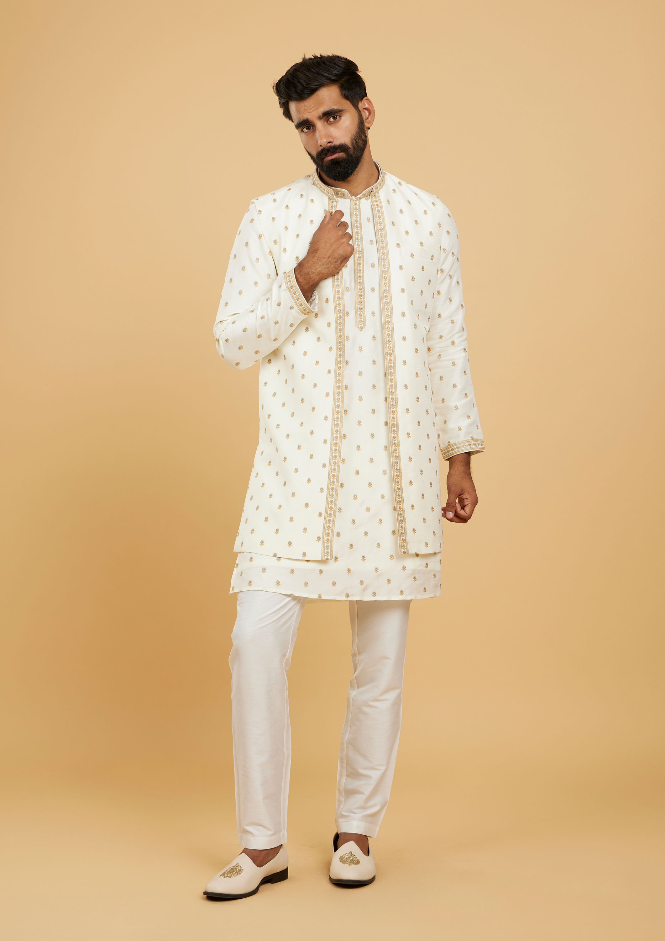Twamev Men Cream White Floral Buta Patterned Jacket Set with Sequin Work
