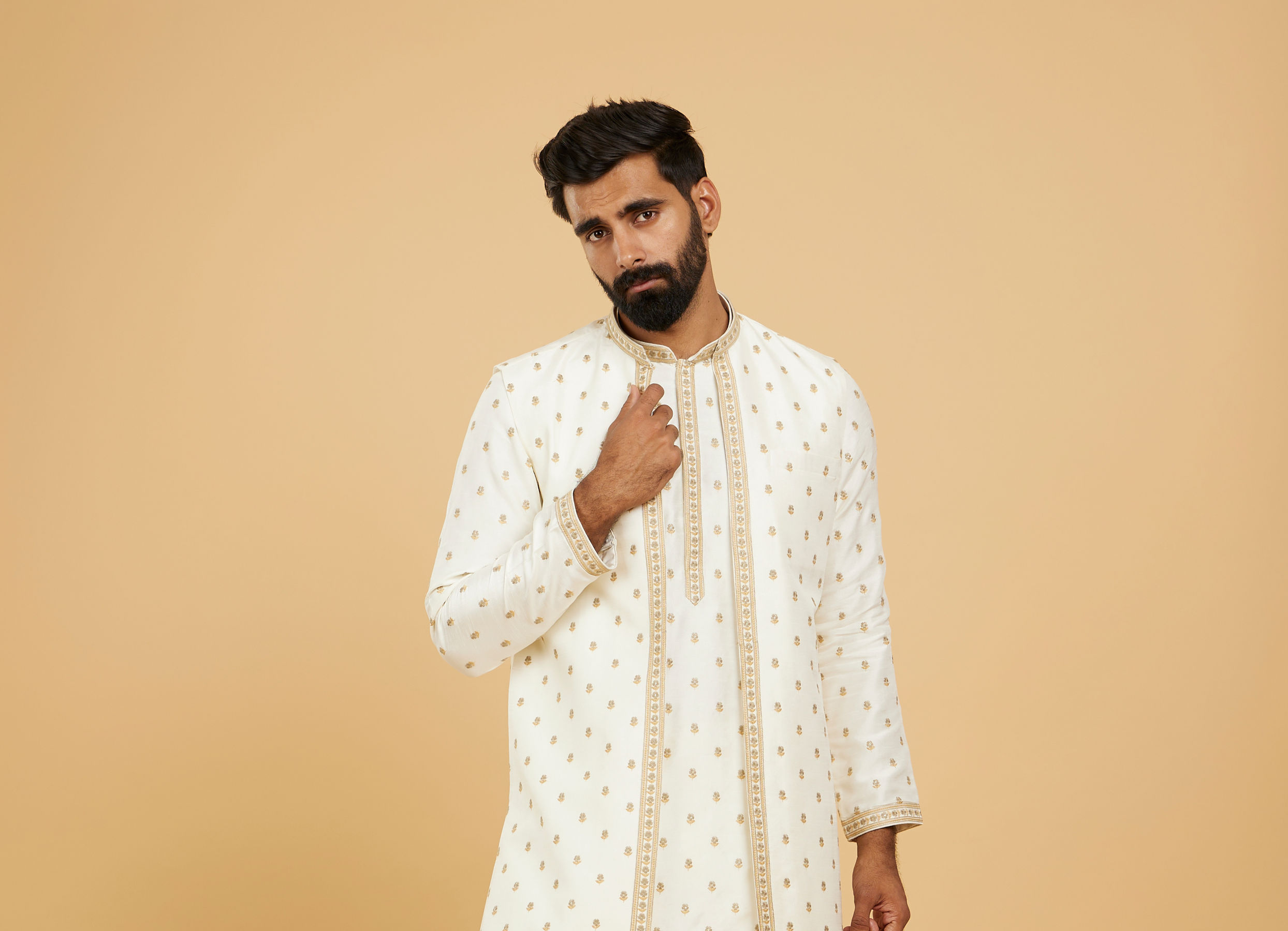 Twamev Men Cream White Floral Buta Patterned Jacket Set with Sequin Work