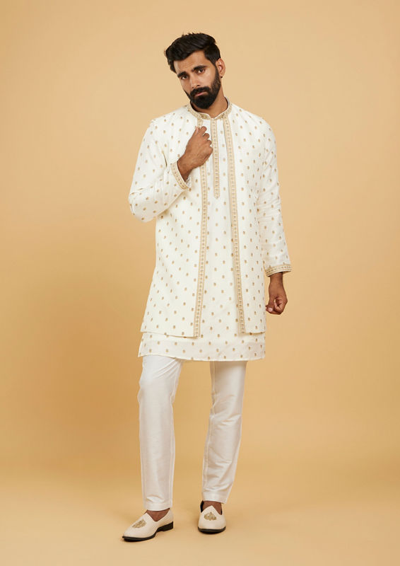 Twamev Men Cream White Floral Buta Patterned Jacket Set with Sequin Work