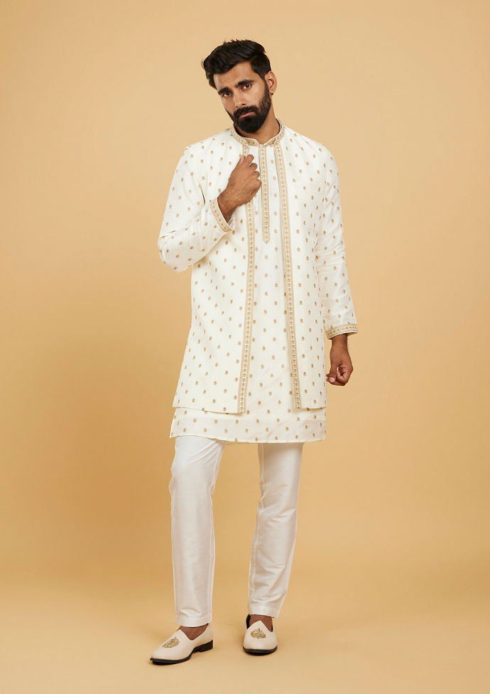 Twamev Men Cream White Floral Buta Patterned Jacket Set with Sequin Work