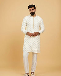 Twamev Men Cream White Floral Buta Patterned Jacket Set with Sequin Work