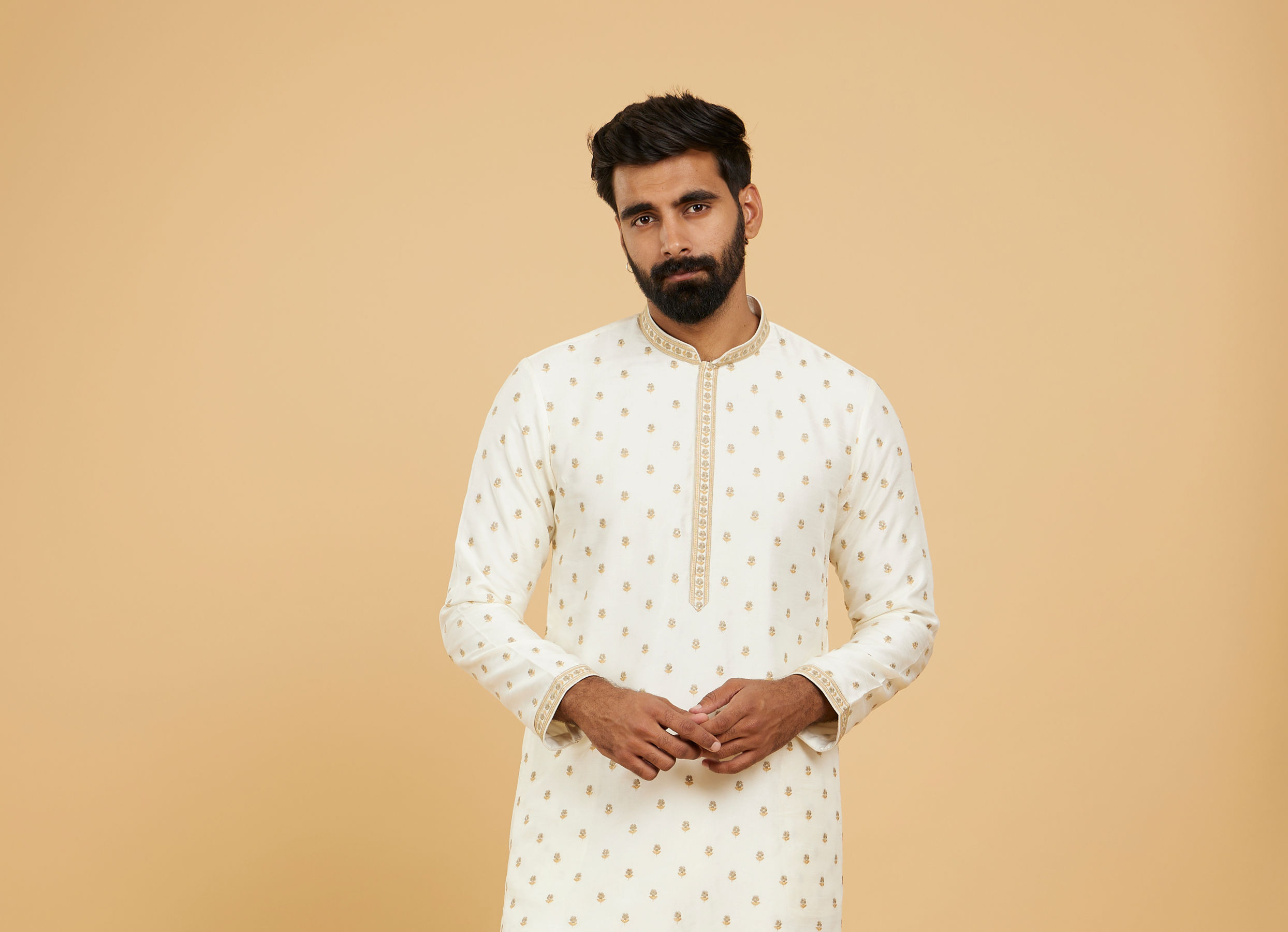 Twamev Men Cream White Floral Buta Patterned Jacket Set with Sequin Work