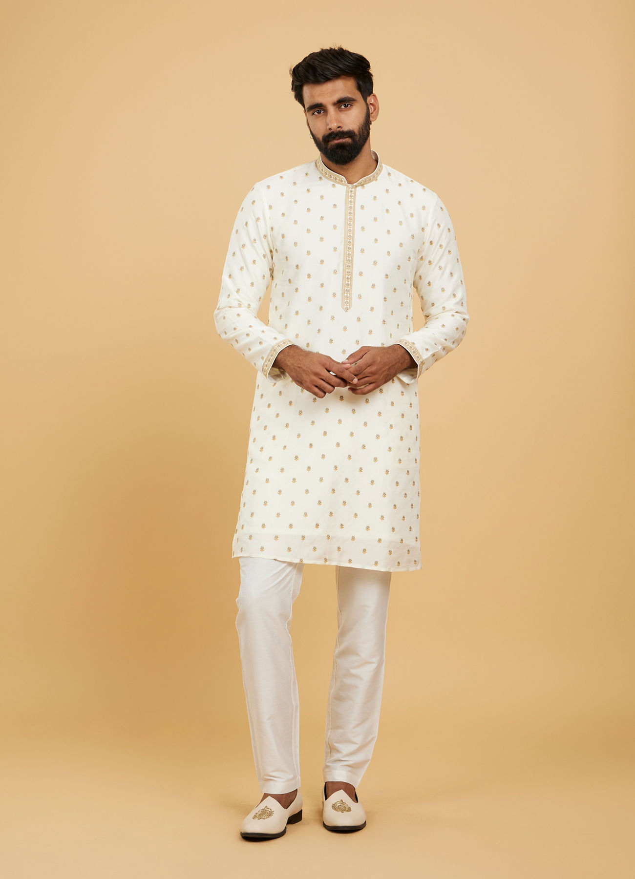 Twamev Men Cream White Floral Buta Patterned Jacket Set with Sequin Work