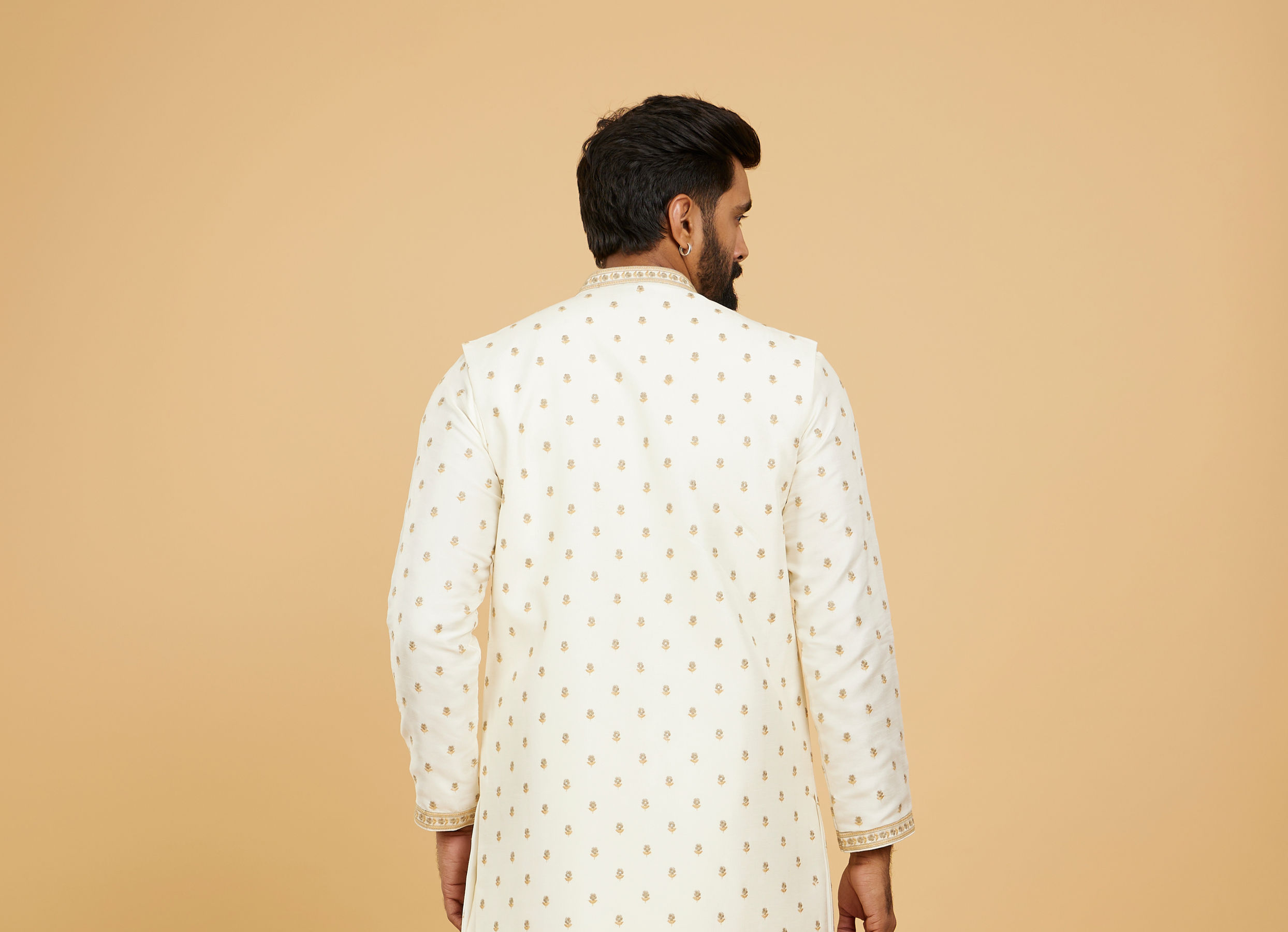 Twamev Men Cream White Floral Buta Patterned Jacket Set with Sequin Work