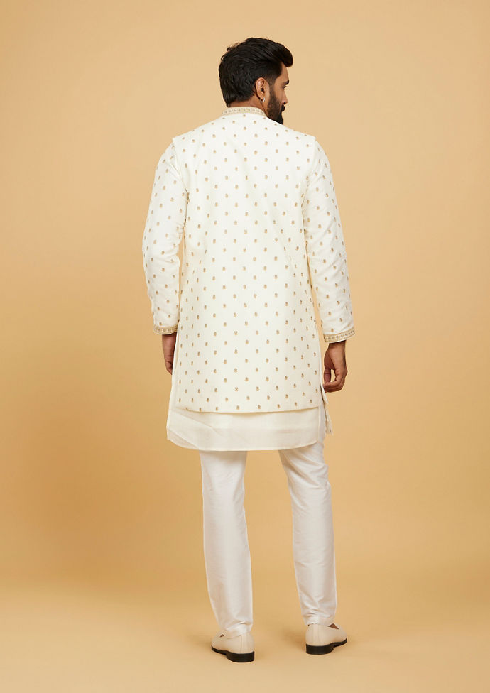 Twamev Men Cream White Floral Buta Patterned Jacket Set with Sequin Work