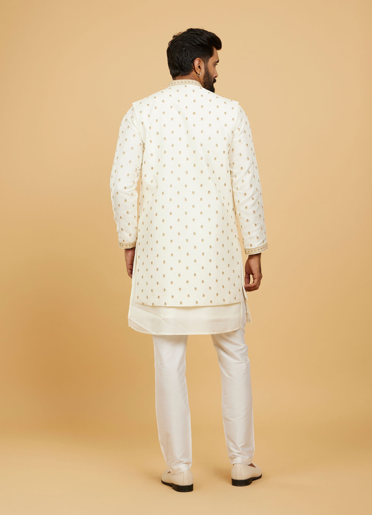 Twamev Men Cream White Floral Buta Patterned Jacket Set with Sequin Work