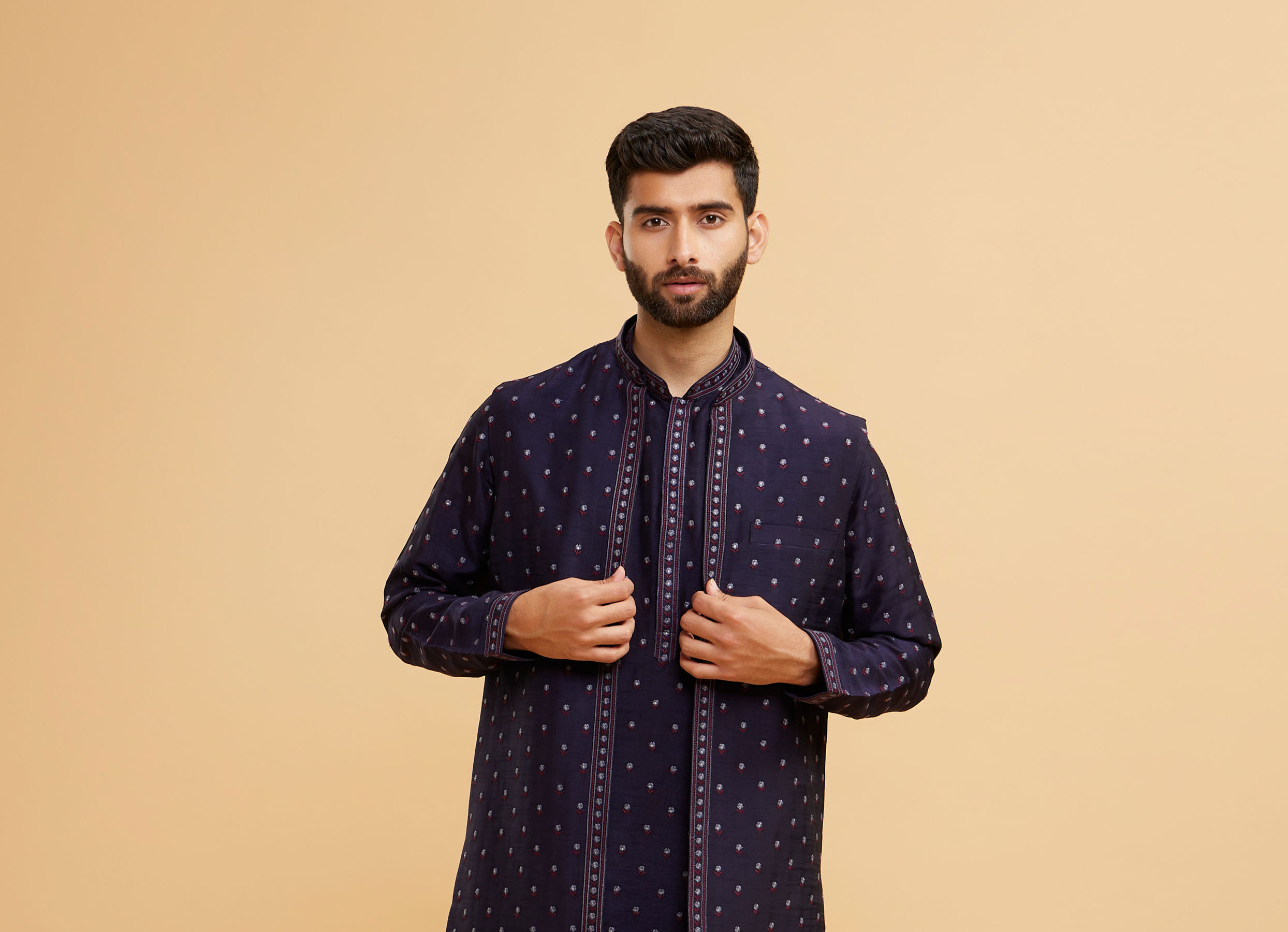 Twamev Men Radiant Dark Blue Kurta Jacket Set