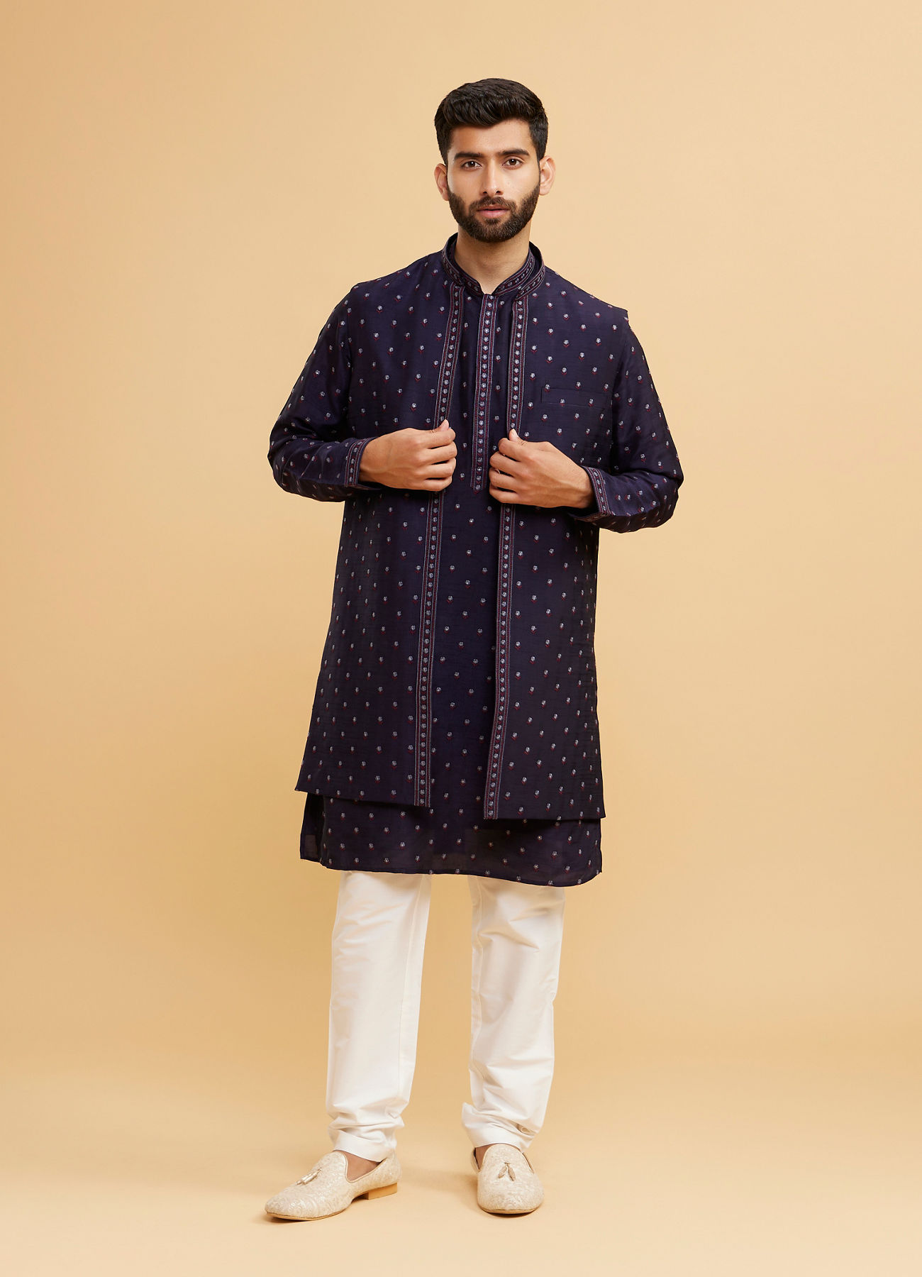 Twamev Men Radiant Dark Blue Kurta Jacket Set